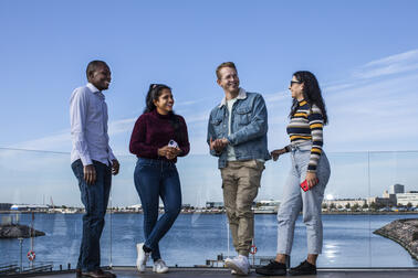 Four people talking by the sea.