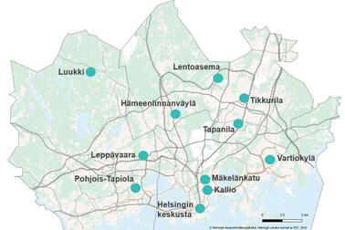 Kartalla merkityt pääkaupunkiseudun ilmanlaadun mittauspaikat vilkasliikenteisillä alueilla vuonna 2022.