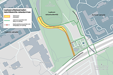 Kartta: Tekniikkareitin työmaan sijainti. Laakson yhteissairaalan allianssi / Fiander Graphics