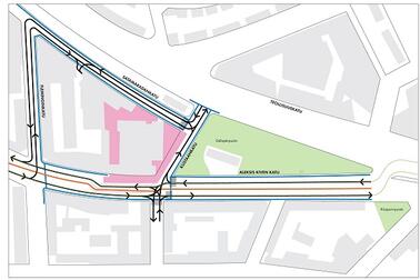 Karttakuva Aleksis Kiven kadun liikennemuutoksista. Kuva: NCC Suomi Oy.
