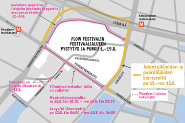 Karttakuva Flow-festivaalin aikaisista kiertoreiteistä