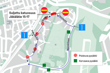 Karttakuva kiertoreiteistä ja bussipysäkkien muutoksista