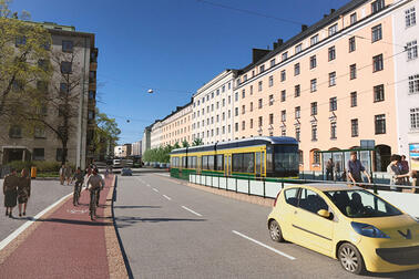 Peruskorjatulla Mannerheimintiellä jalankulku ja pyöräily kulkevat omilla väylillään. Pyöräteistä tehdään yksisuuntaiset kantakaupungin pyöräliikenteen tavoiteverkon mukaisesti. Havainnekuva: Kai Hakala / Ramboll.