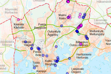 Esimerkkikuva. Haettavia tontteja karttapalvelussa.