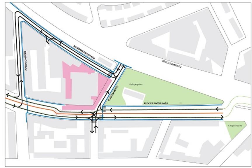 Karttakuva Aleksis Kiven kadun liikennemuutoksista. Kuva: NCC Suomi Oy.