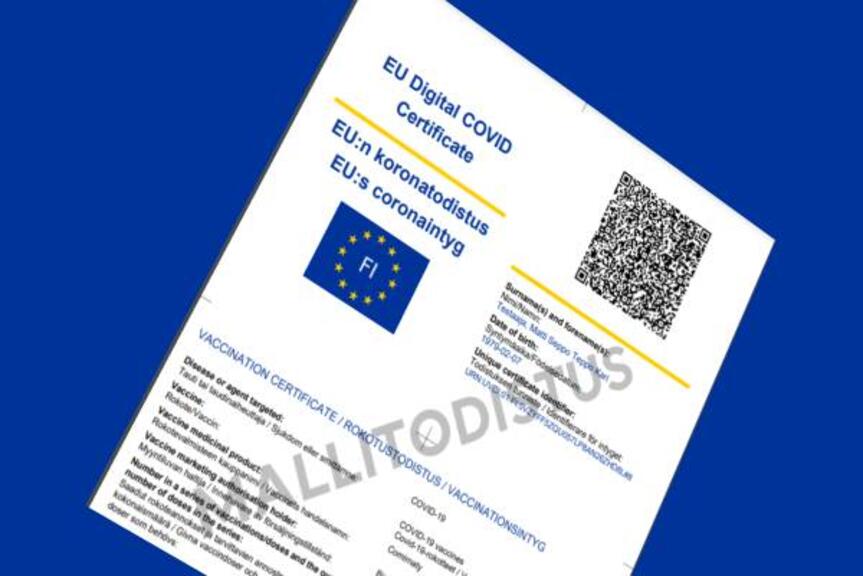 EU-koronatodistuksen malli. EU-koronatodistuksen malli.