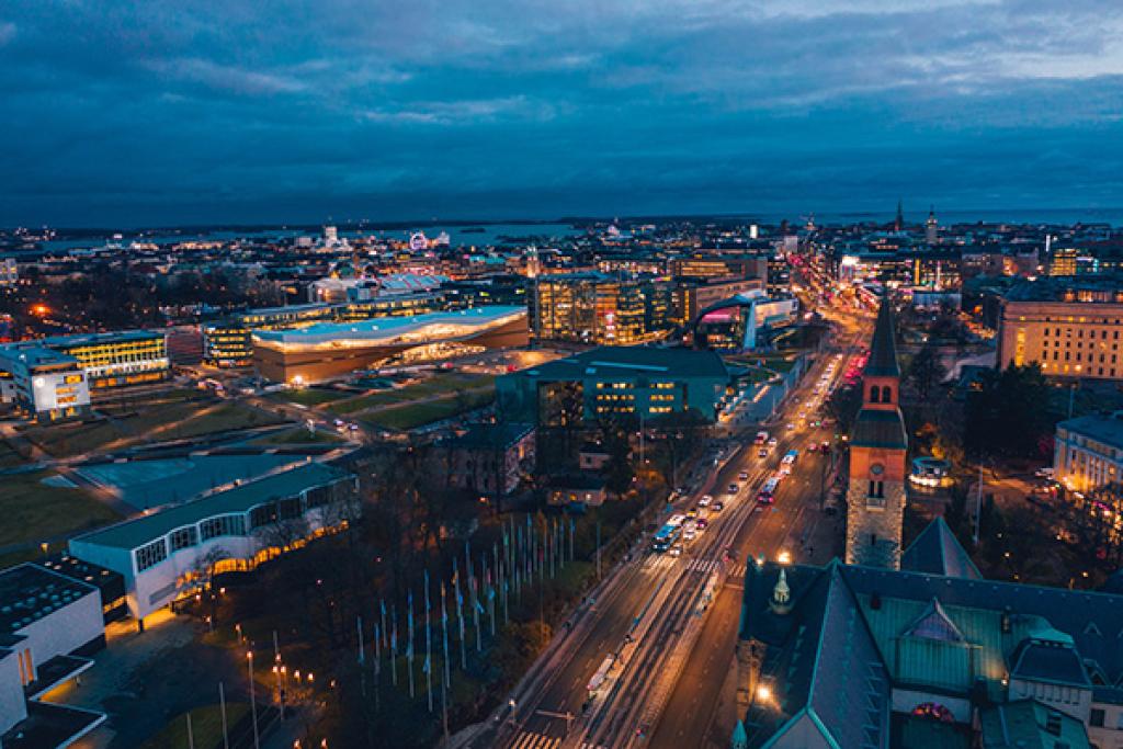 The central area of Helsinki in the evening lights.