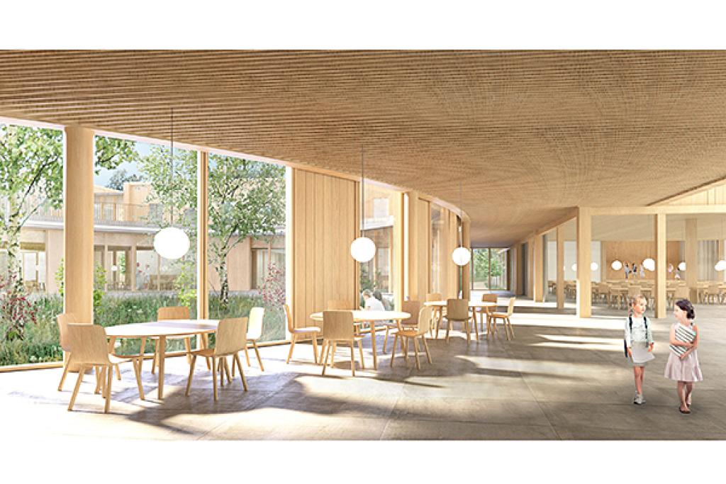 Näkymä ravintolasaliin ja metsäaukiolle, Fors Blomqvist Architects.