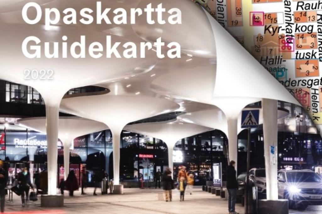 Helsingin opaskartta 2022 on julkaistu, kannessa kuva Pasilan asema-aukiosta.