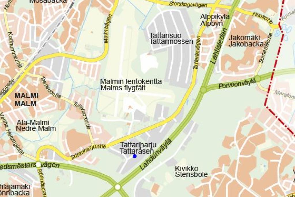 Kartta: Tattariharju sijaitsee entisen lentokentän vieressä, Helsingin kaupunki.