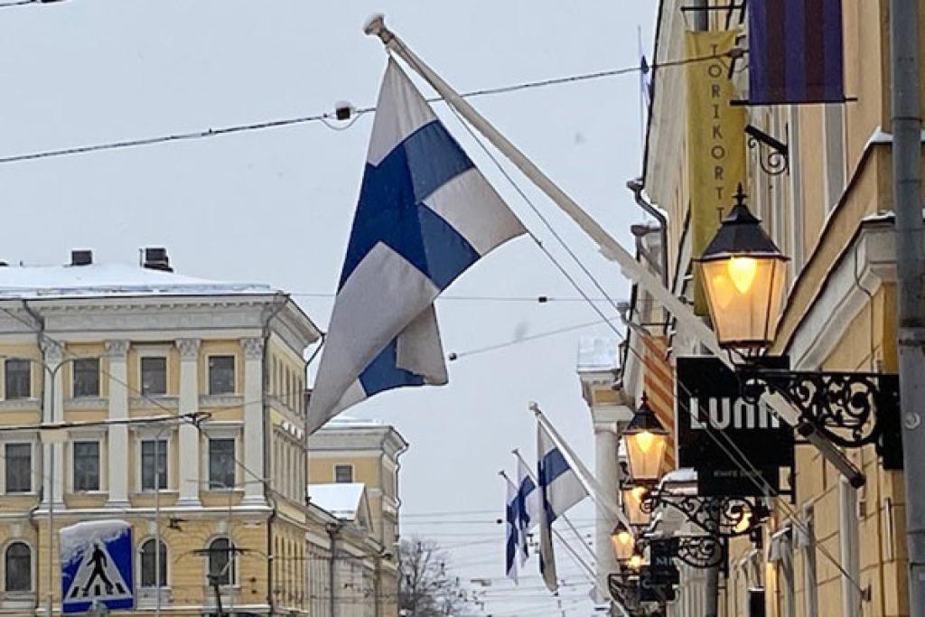 Suomen lippuja Aleksanterinkadulla.