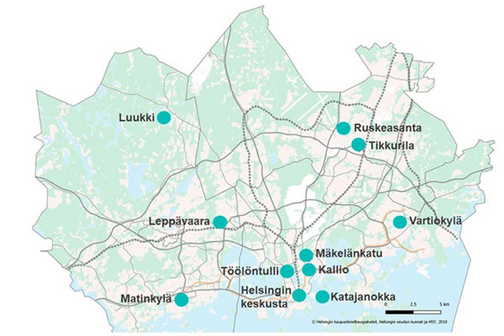 Kartta HSY:n ilmanlaadun mittausasemista.