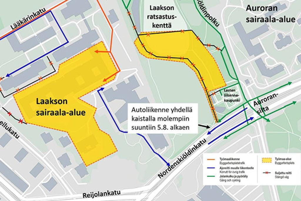 Laakson yhteissairaalan putkityömaa laajentunut Nordenskiöldinkadulle |  Helsingin kaupunki