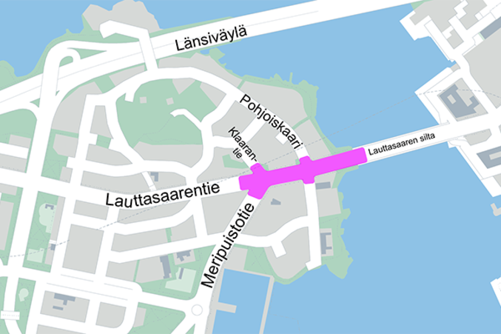 Karttakuva, johon on merkitty violetilla värillä urakka-alue