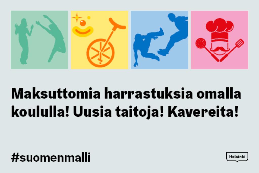 Kuvituskuva. Harrastamisen Suomen mallin maksuttomista harrastuksista kertova grafiikka.