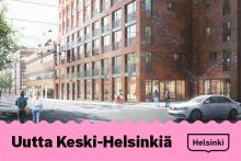 Havainnekuva punatiilisestä kerrostalosta, alalaidassa teksti Uutta Keski-Helsinkiä.