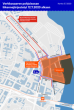 Kartta Verkkosaaren tilapäisistä liikennejärjestelyistä. 