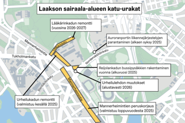 Kartta Laakson sairaala-alueen katutöistä.