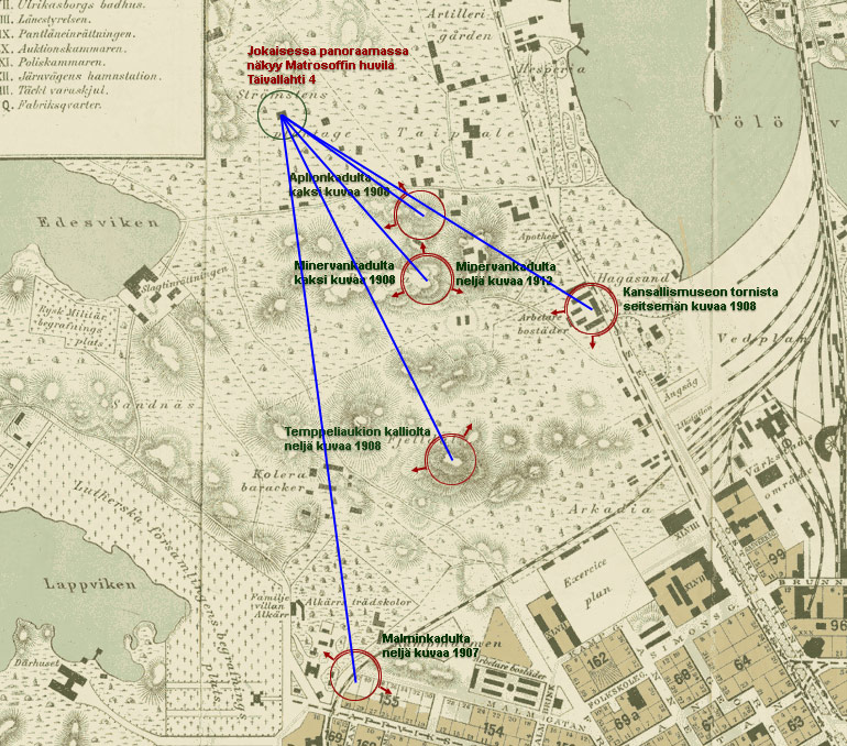 Signe Branderin panoraamat - Töölö - Minervakadulta - Kuvat 1,2 (1908) ja  3,4 (1912)