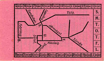 Matkalippu 1911-12, jossa raitiovaunun reittikartta. HKM